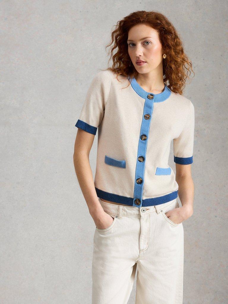 CHARLOTTE SHORT SLEEVE CREW NECK CARDI in IVORY MLT - LIFESTYLE