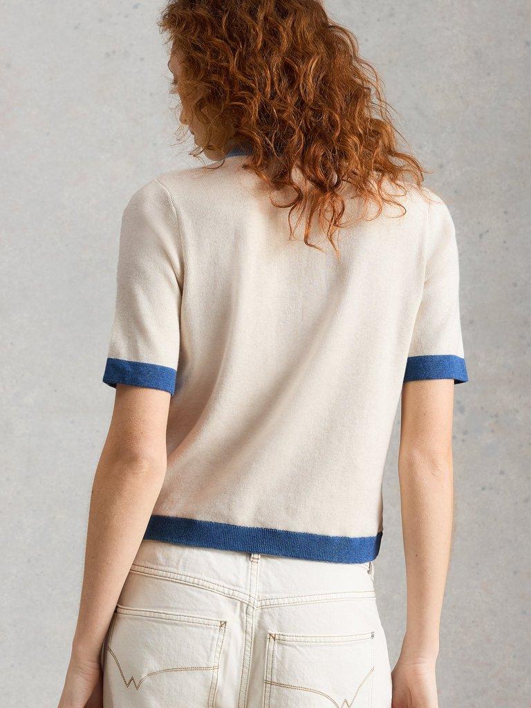 CHARLOTTE SHORT SLEEVE CREW NECK CARDI in IVORY MLT - MODEL BACK