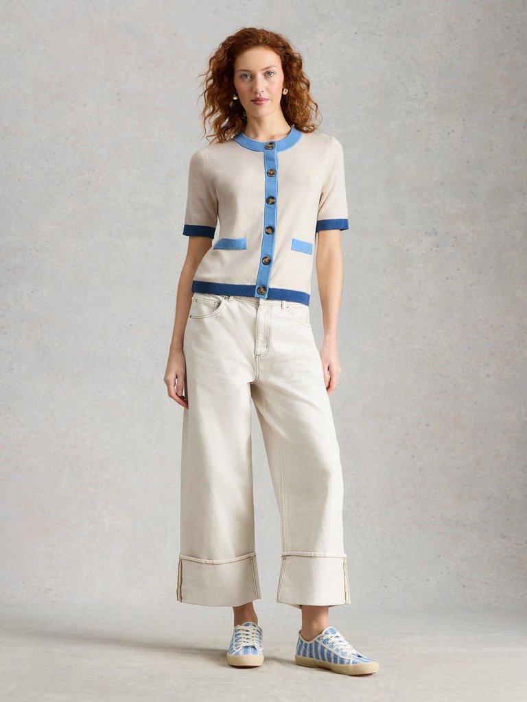 CHARLOTTE SHORT SLEEVE CREW NECK CARDI in IVORY MLT - MODEL FRONT
