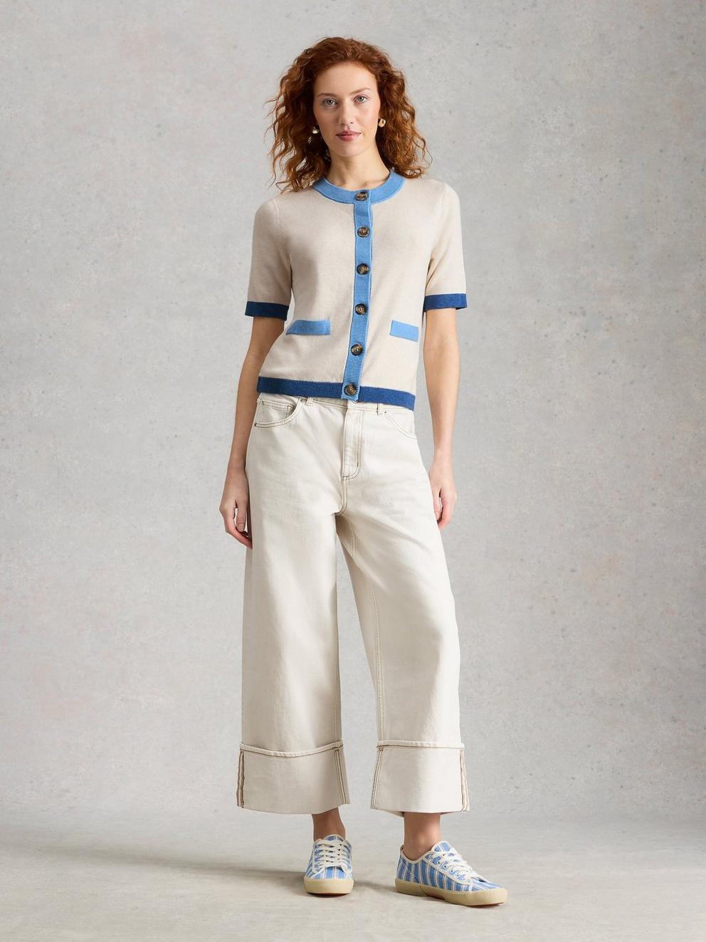 CHARLOTTE SHORT SLEEVE CREW NECK CARDI in IVORY MLT - MODEL FRONT