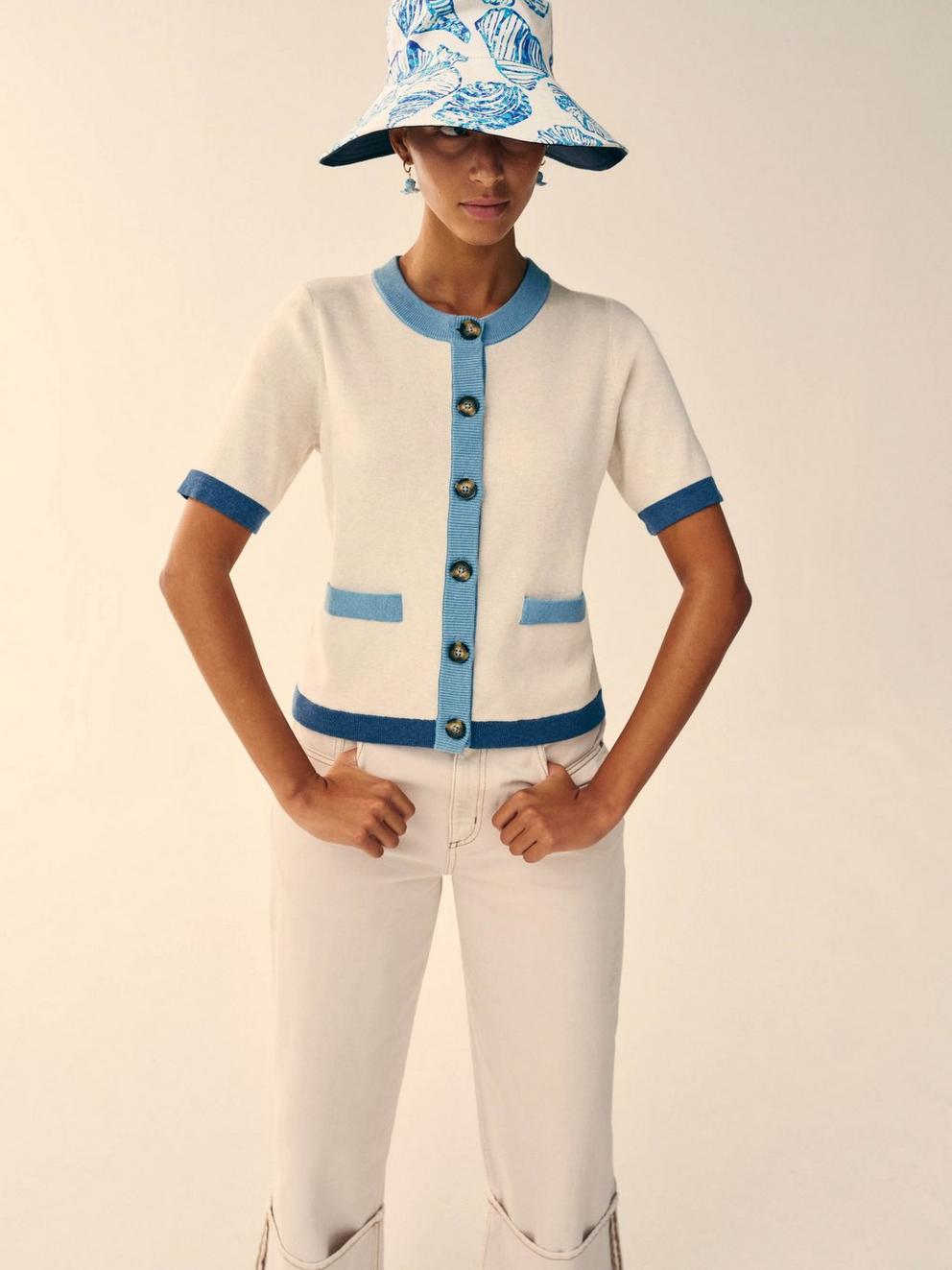 CHARLOTTE SHORT SLEEVE CREW NECK CARDI in IVORY MLT - MIXED