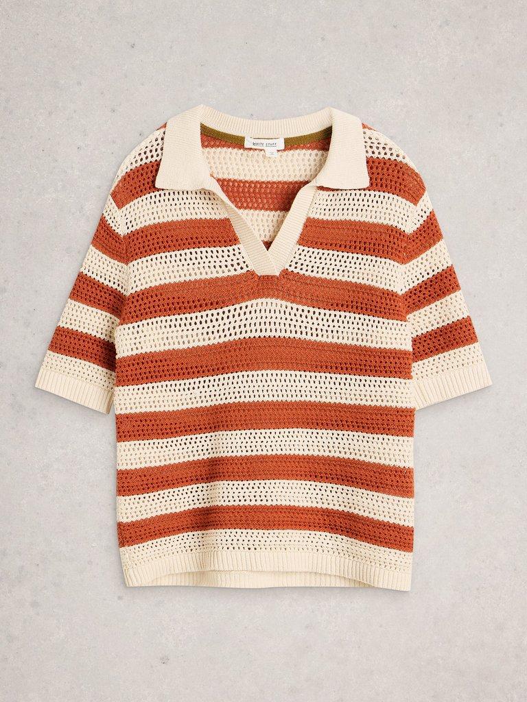 COOPER KNITTED STRIPE POLO in BROWN MLT - FLAT FRONT