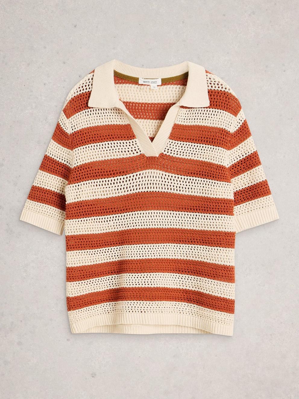 COOPER KNITTED STRIPE POLO in BROWN MLT - FLAT FRONT