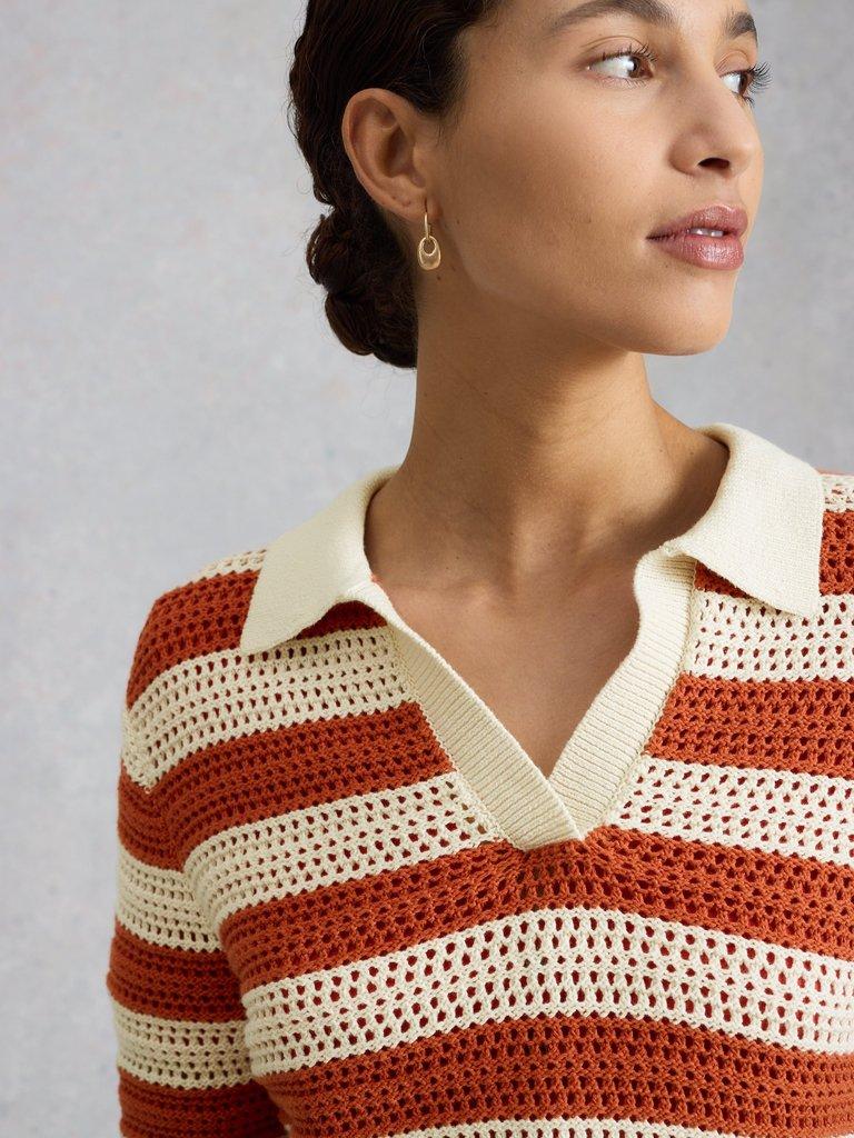 COOPER KNITTED STRIPE POLO in BROWN MLT - MODEL DETAIL