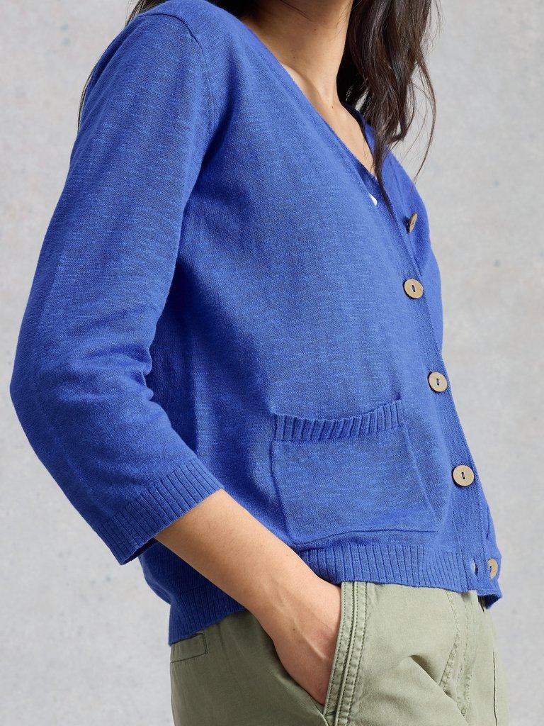 NOVA LINEN BLEND CARDIGAN in BRT BLUE - MODEL DETAIL