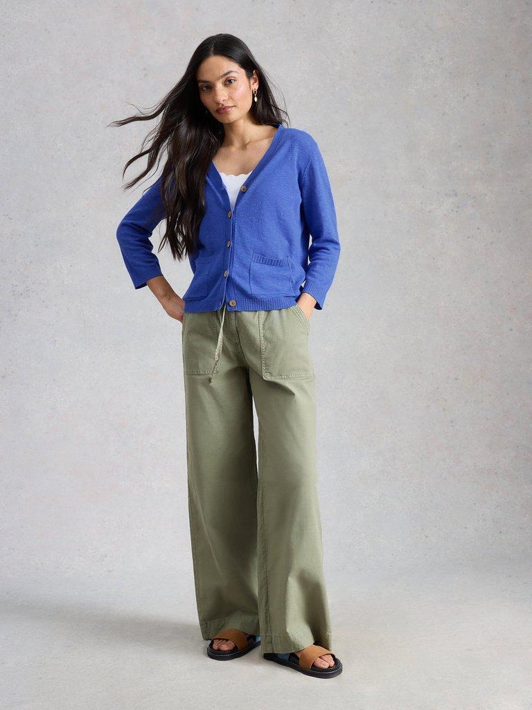 NOVA LINEN BLEND CARDIGAN in BRT BLUE - MODEL FRONT