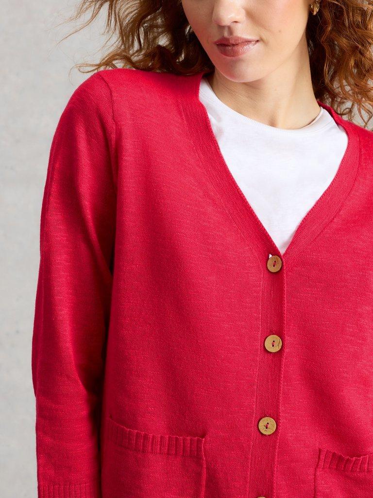 NOVA LINEN BLEND CARDIGAN in DK PINK - MODEL DETAIL