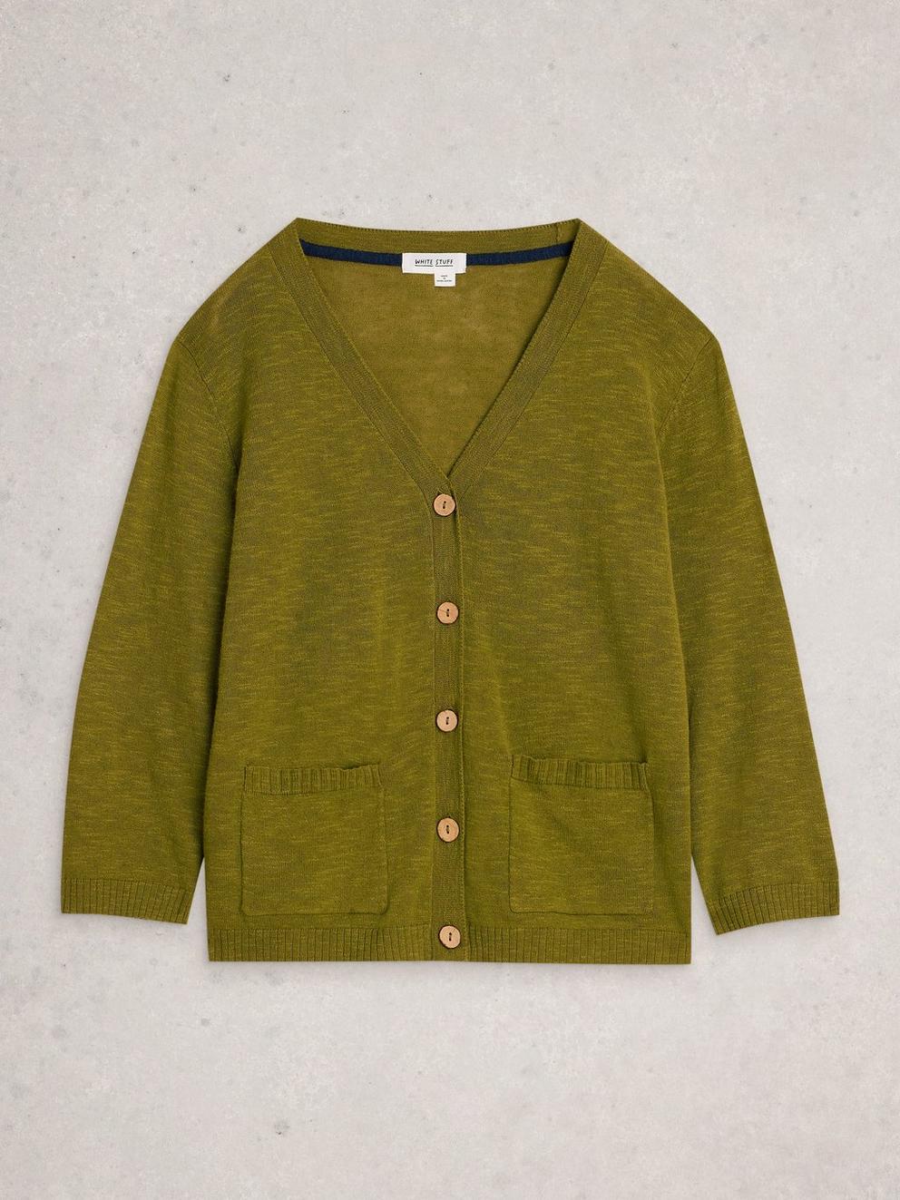 NOVA LINEN BLEND CARDIGAN in MID GREEN - FLAT FRONT