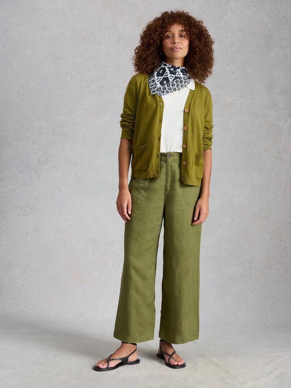 NOVA LINEN BLEND CARDIGAN in MID GREEN - MODEL FRONT