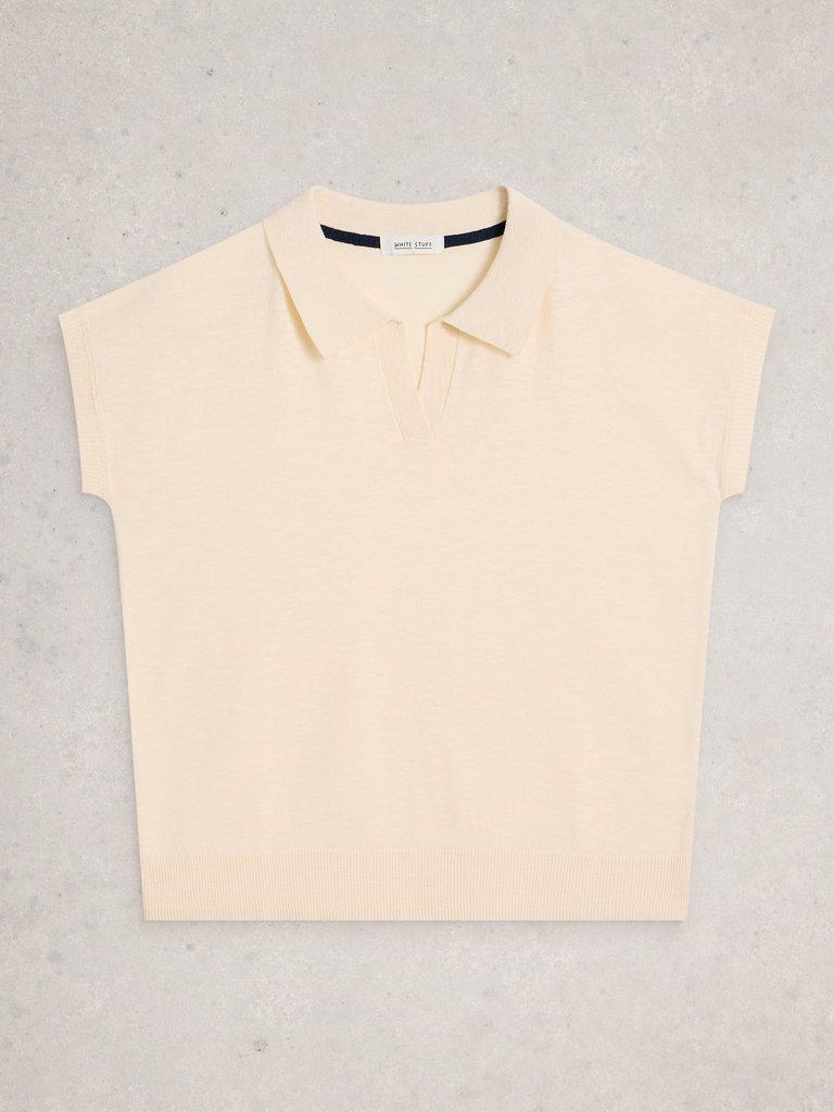 GINNI LINEN BLEND POLO TEE in NAT WHITE - FLAT FRONT