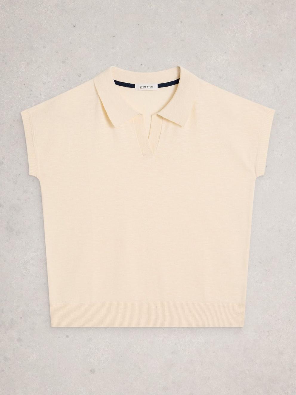 GINNI LINEN BLEND POLO TEE in NAT WHITE - FLAT FRONT