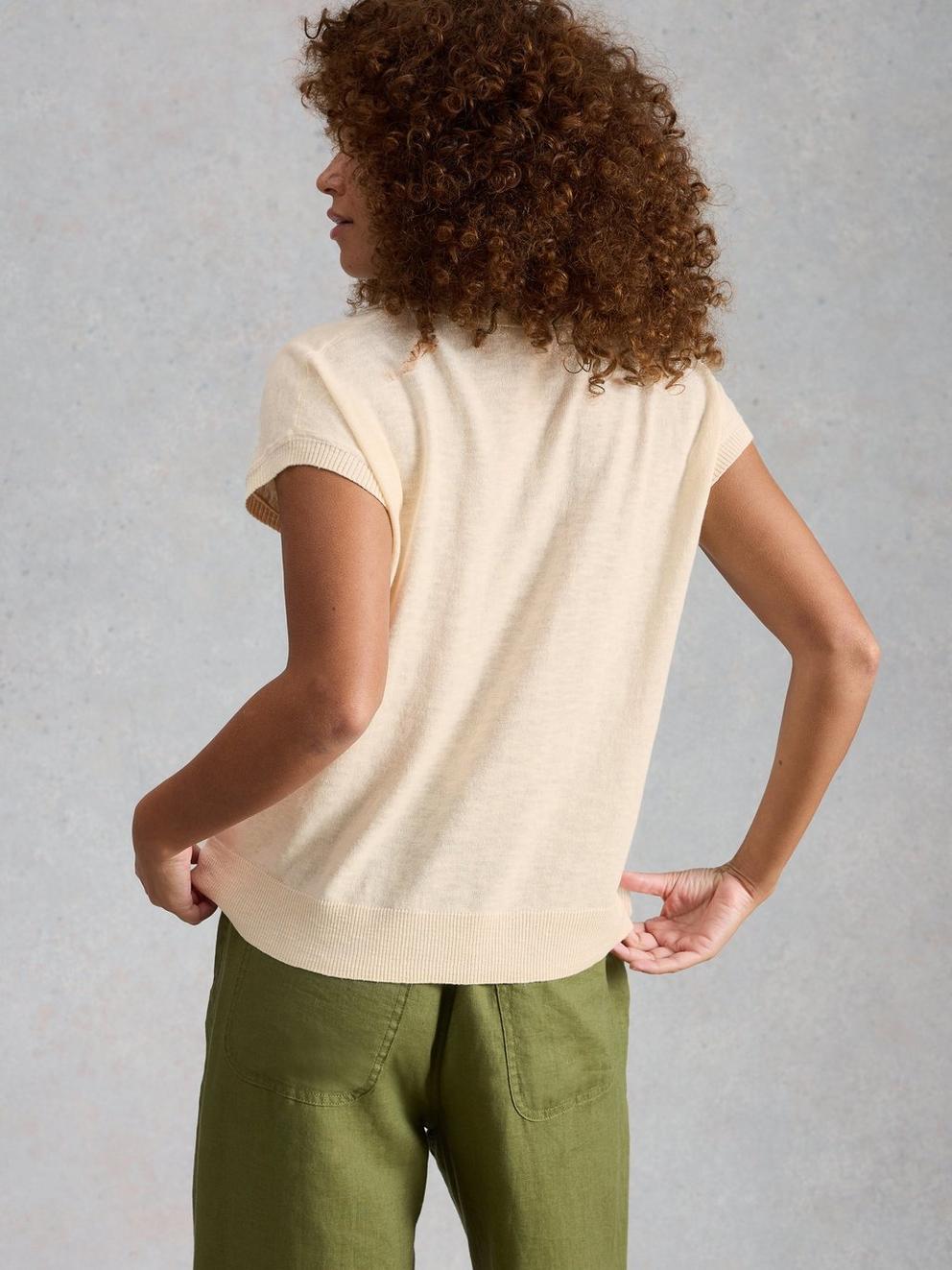 GINNI LINEN BLEND POLO TEE in NAT WHITE - MODEL BACK