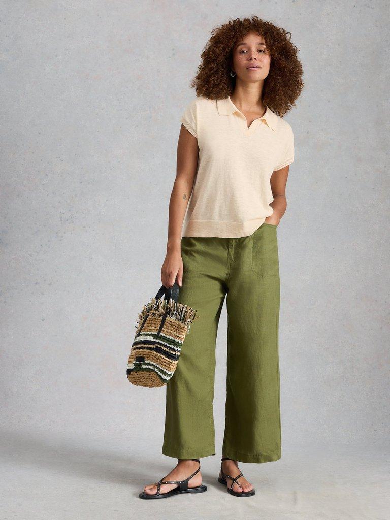 GINNI LINEN BLEND POLO TEE in NAT WHITE - MODEL FRONT