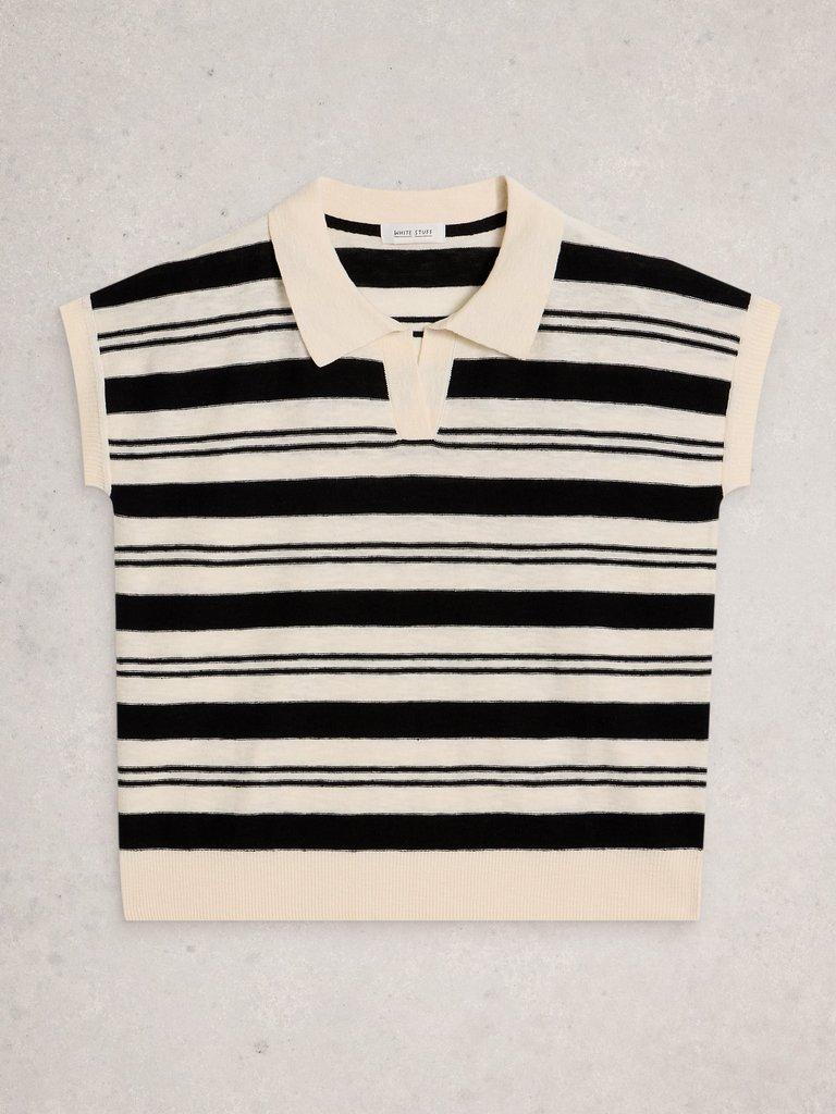 GINNI STRIPE LINEN POLO TEE in IVORY MLT - FLAT FRONT