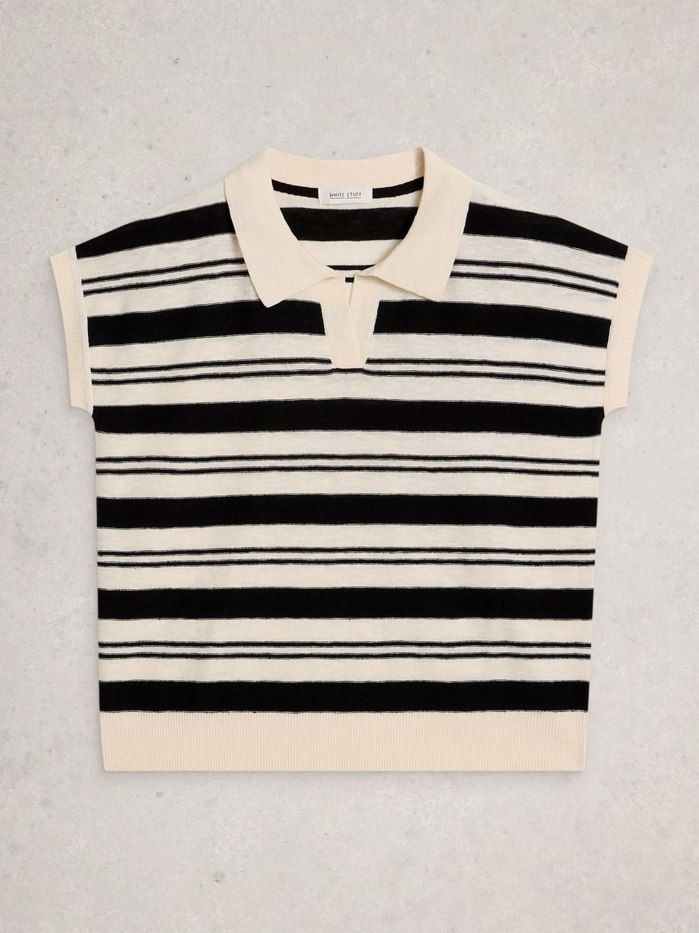 GINNI STRIPE LINEN POLO TEE in IVORY MLT - FLAT FRONT
