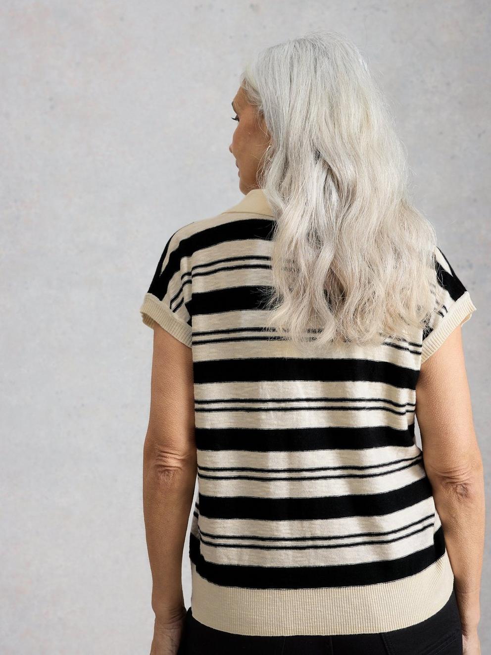 GINNI STRIPE LINEN POLO TEE in IVORY MLT - MODEL BACK