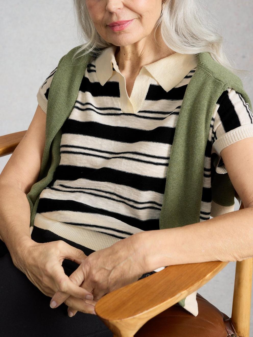 GINNI STRIPE LINEN POLO TEE in IVORY MLT - MODEL DETAIL