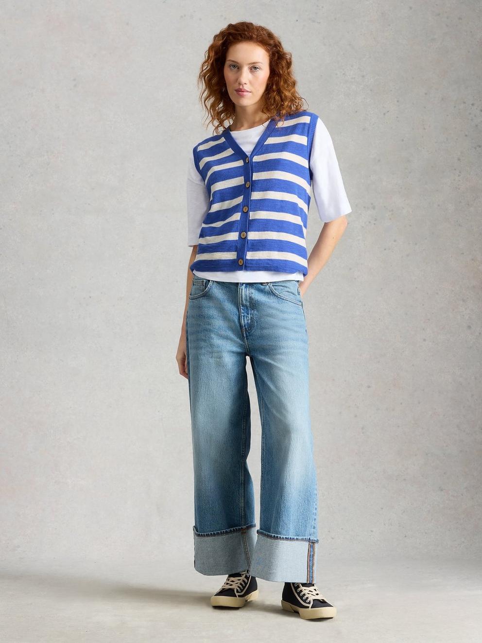 NOVA LINEN BLEND STRIPE TANK in BLUE MLT - MODEL FRONT