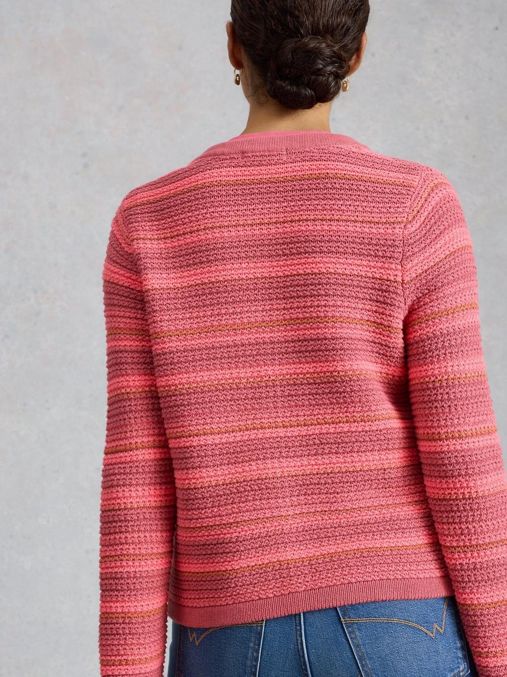 BELLE CREW NECK CARDI in PINK MLT - MODEL BACK