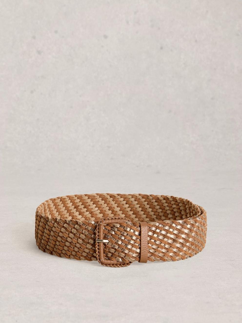 Leather Wide Weave Belt in TAN MULTI - FLAT BACK