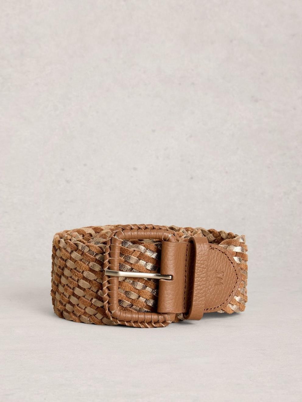 Leather Wide Weave Belt in TAN MULTI - FLAT FRONT