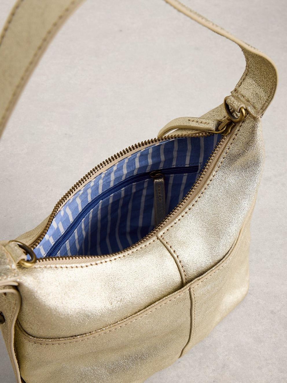 Sophia Mini Leather Crossbody in GLD TN MET - MODEL DETAIL