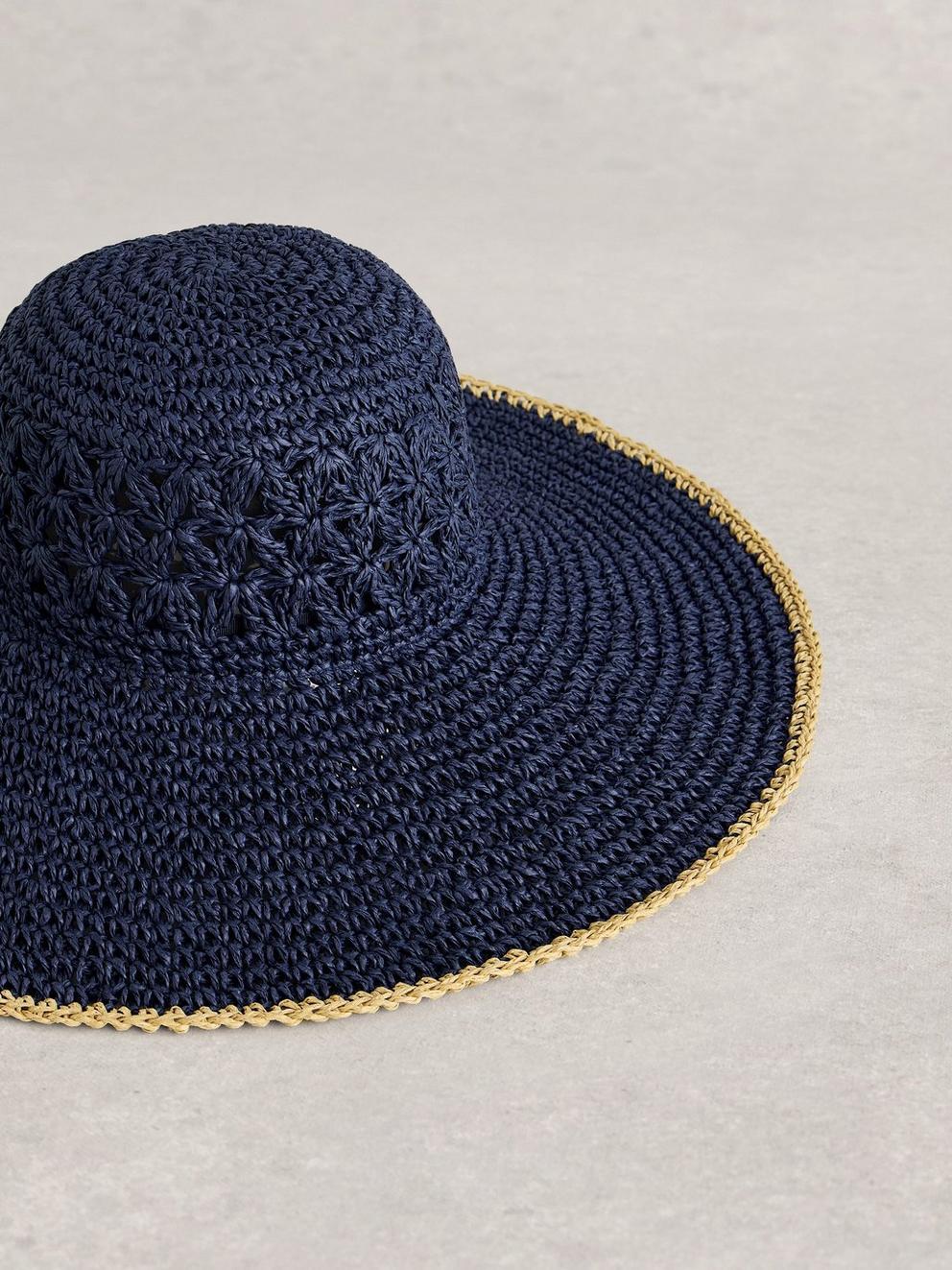 Wide Brim Crochet Hat in NAVY MULTI - FLAT DETAIL