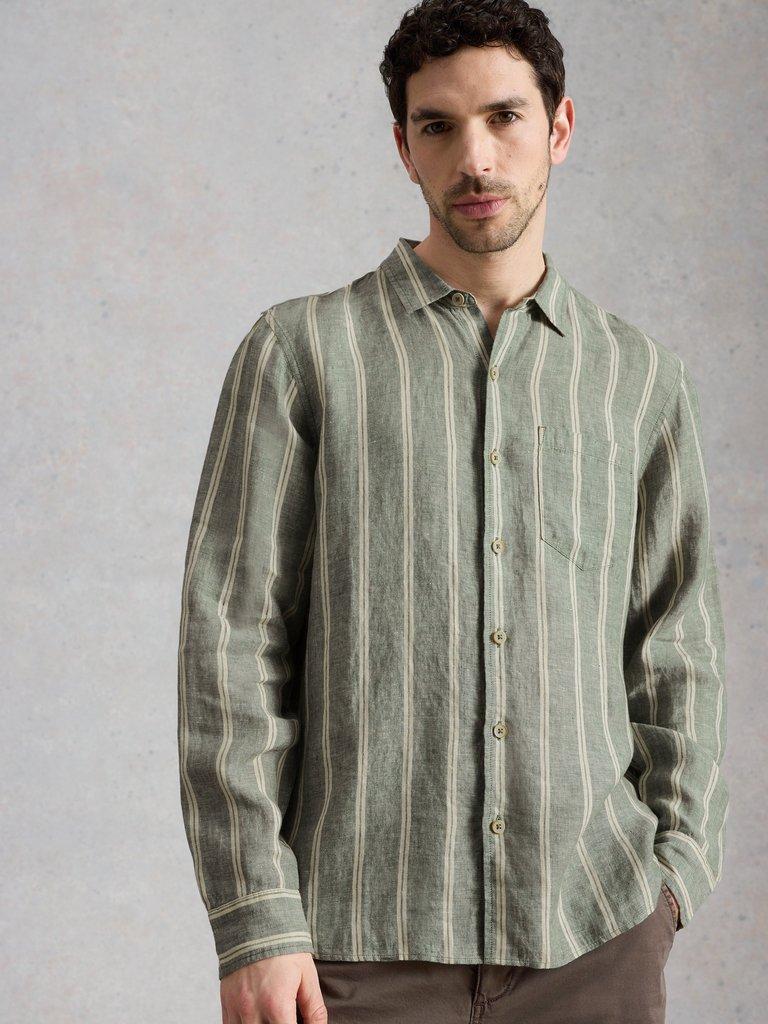 Keswick Striped Linen Shirt in GREEN MLT - MODEL DETAIL
