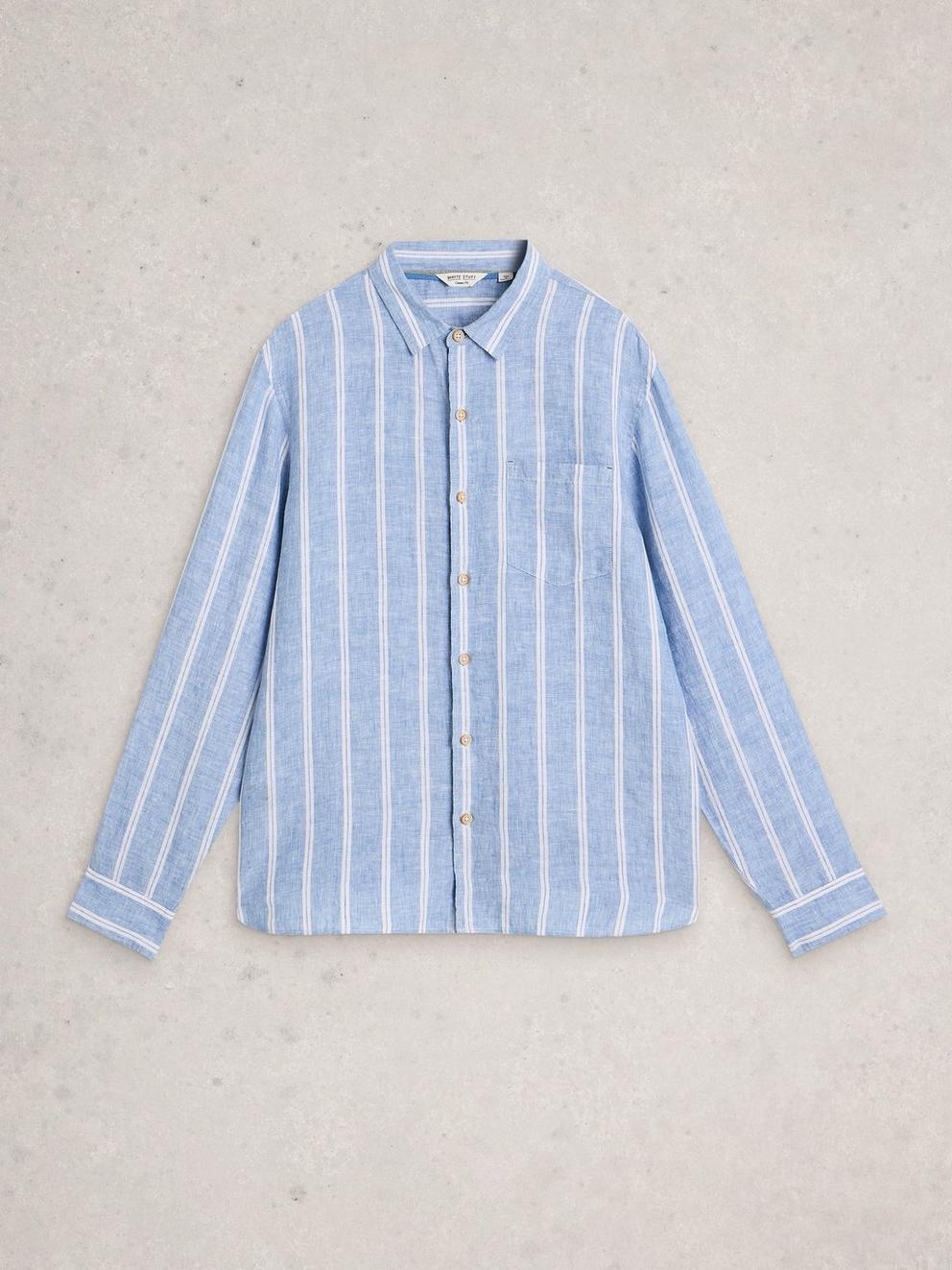 Keswick Striped Linen Shirt in MID BLUE - FLAT FRONT
