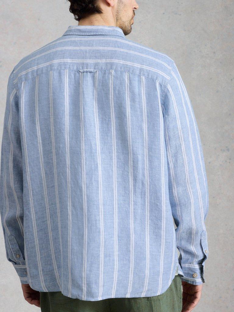 Keswick Striped Linen Shirt in MID BLUE - MODEL BACK