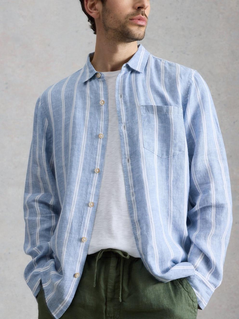 Keswick Striped Linen Shirt in MID BLUE - MODEL DETAIL