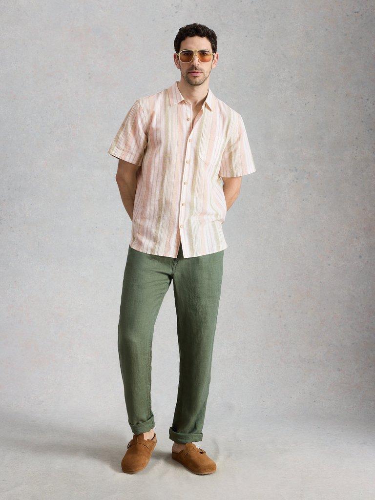 Ely Linen Cotton SS Stripe in ORANGE MLT - MODEL FRONT