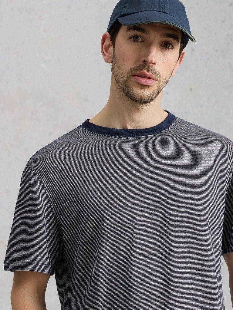 Abersoch Stripe Linen Tee in NAVY MULTI - MODEL DETAIL