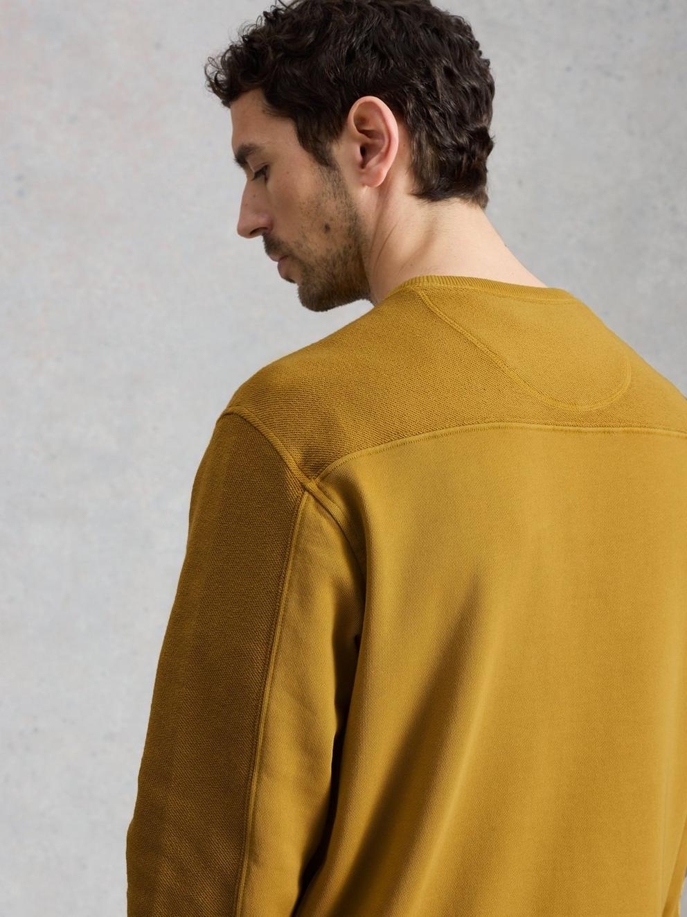 Sidmouth Crew Neck Jumper in MID YELLOW - MODEL BACK