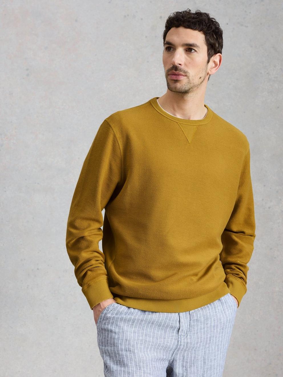 Sidmouth Crew Neck Jumper in MID YELLOW - MODEL DETAIL