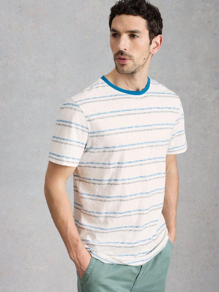Abersoch Reverse Stripe SS Tee in BLUE MLT - MODEL DETAIL