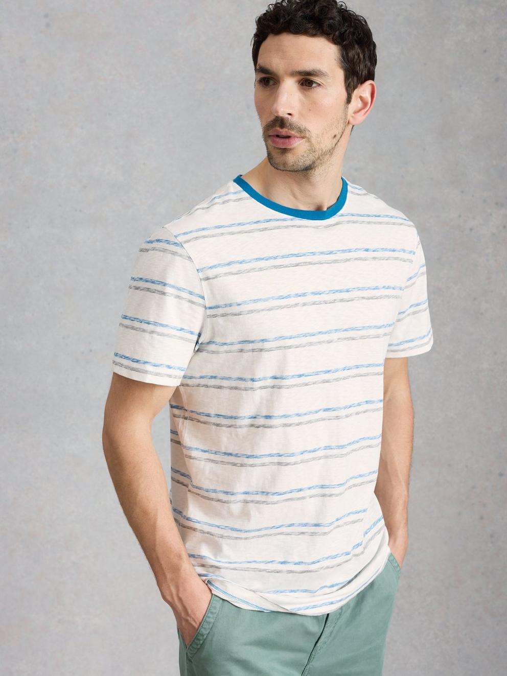 Abersoch Reverse Stripe SS Tee in BLUE MLT - MODEL DETAIL