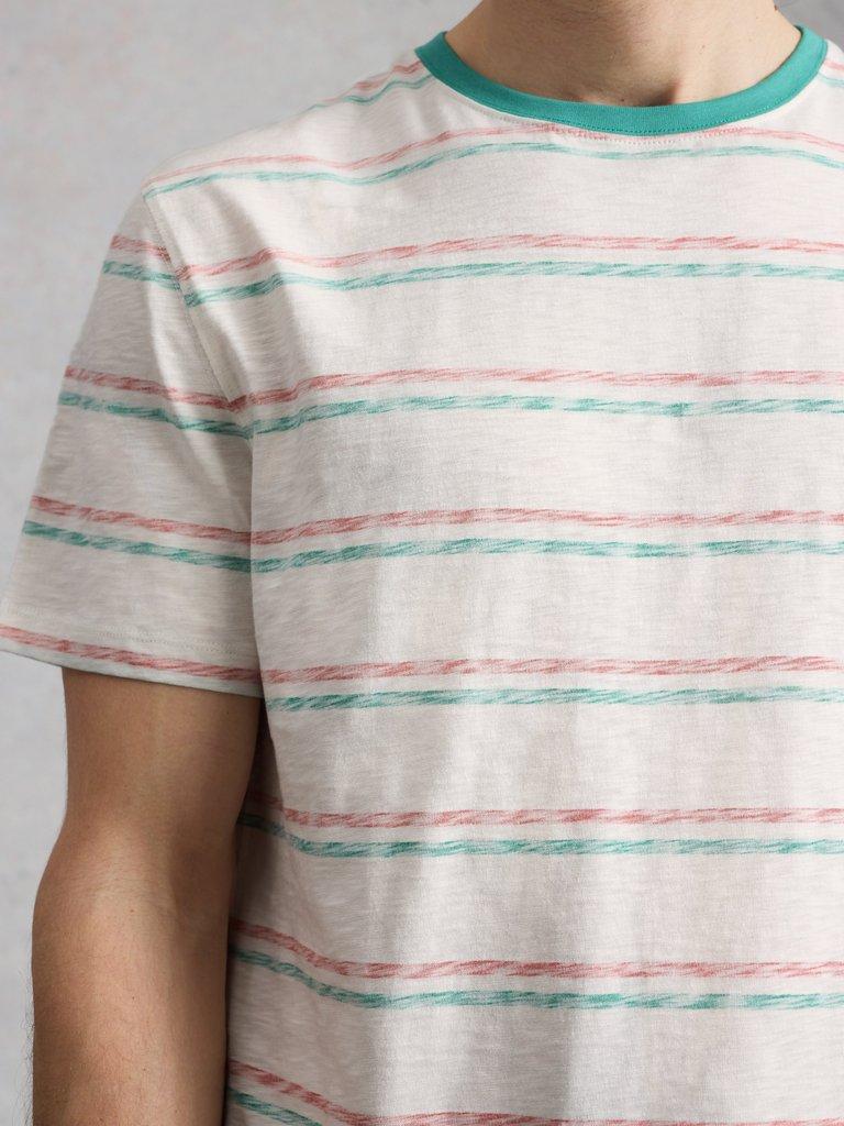 Abersoch Reverse Stripe SS Tee in GREEN MLT - MODEL DETAIL