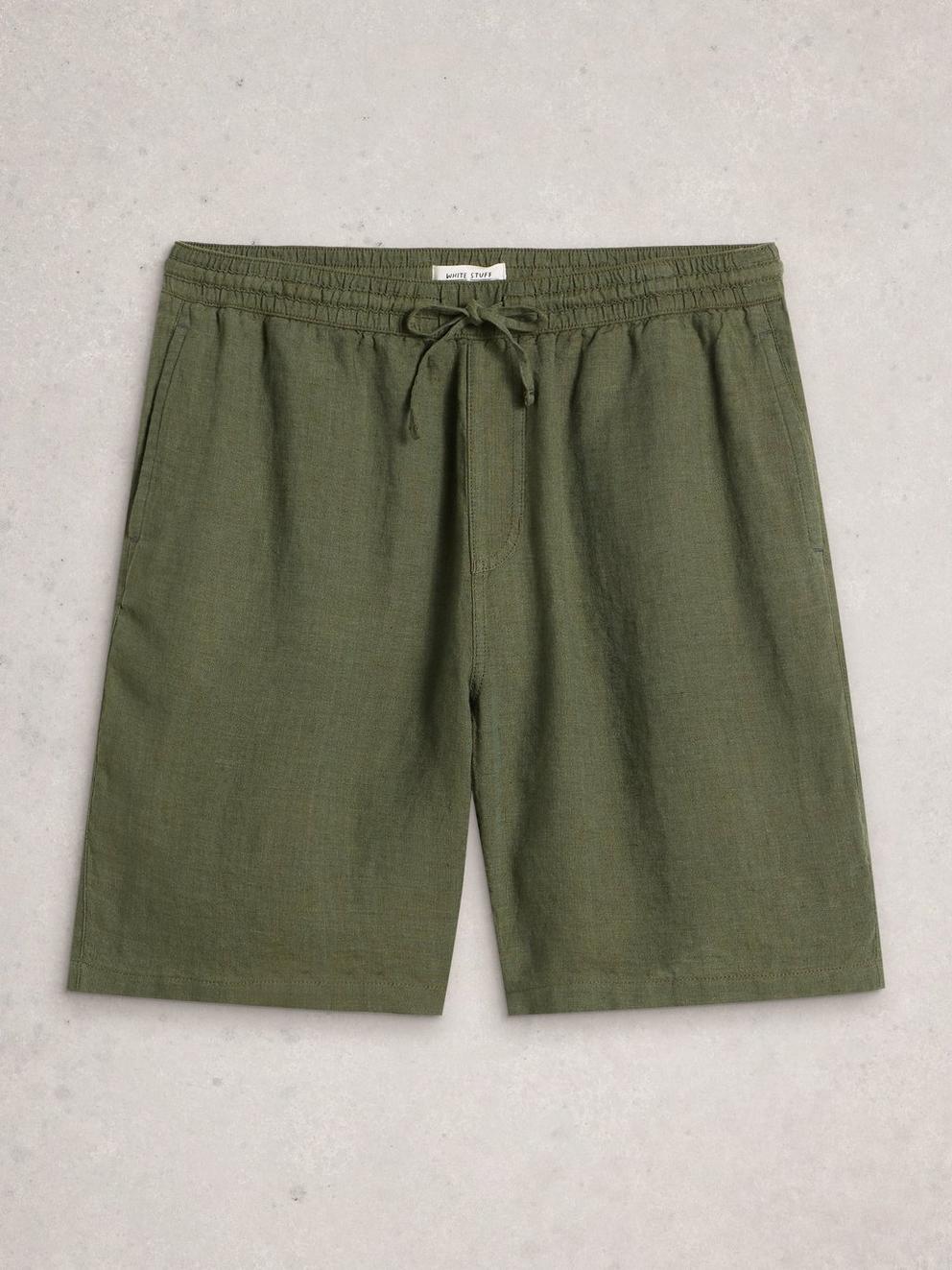 Lewes Linen Short in KHAKI GRN - FLAT FRONT