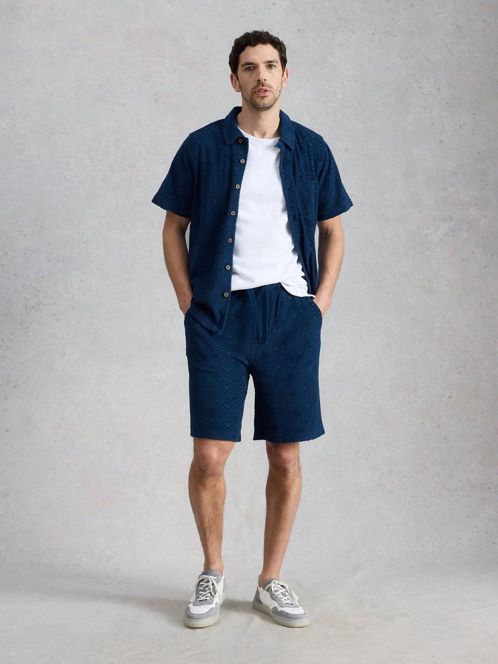 Totten Geo Towelling Short in MID BLUE - MODEL FRONT