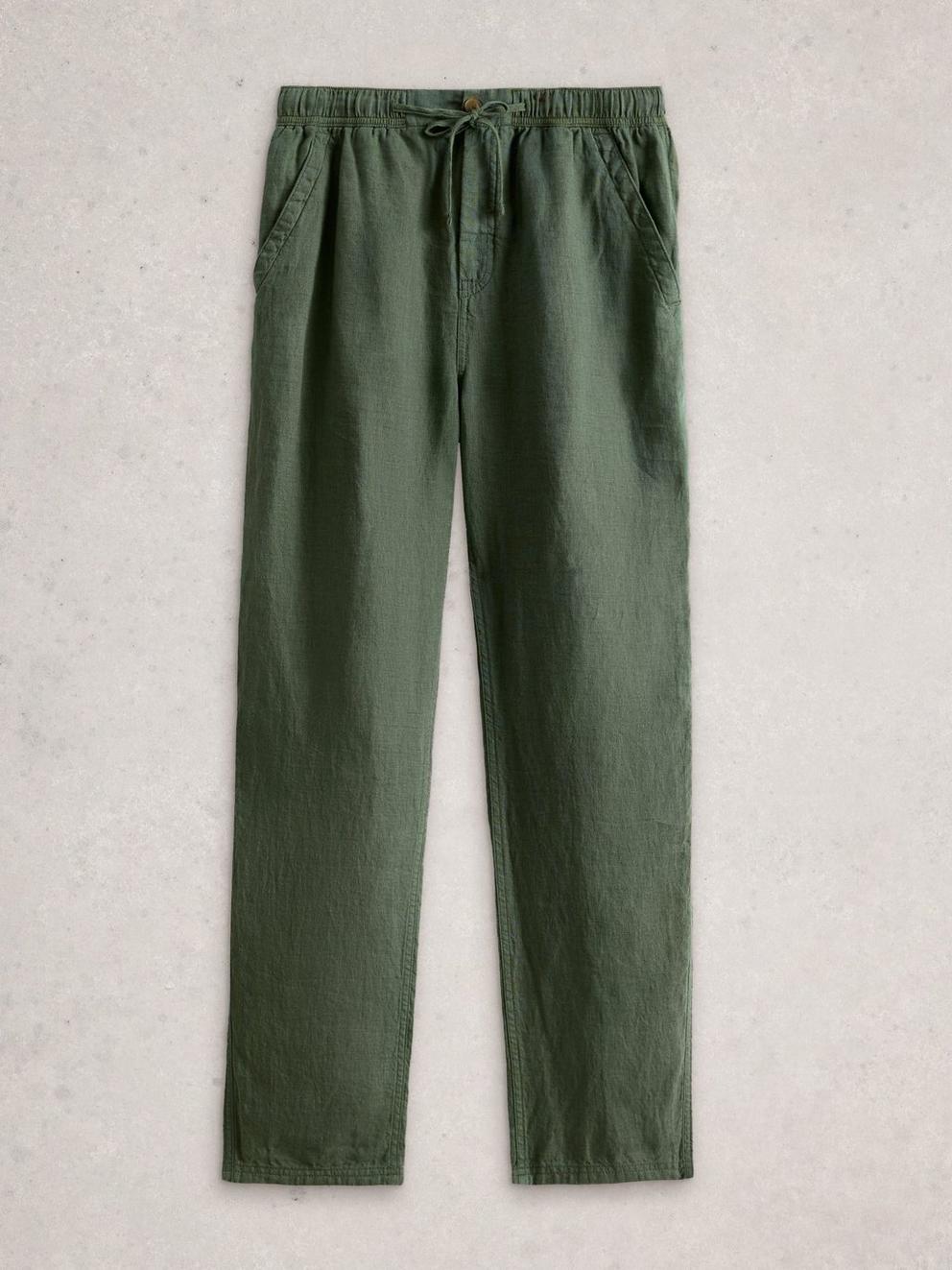 Skelmer Linen Trouser in KHAKI GRN - FLAT FRONT