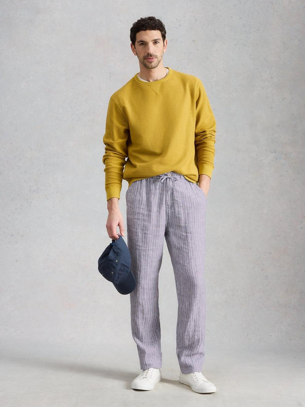 Skelmer Linen Trouser in NAVY MULTI - MODEL FRONT