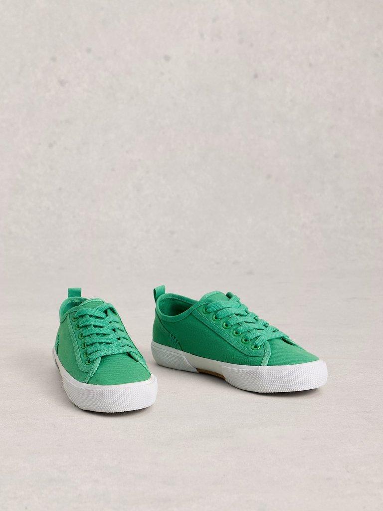 Pippa Lace Up Canvas Trainers in BRT GREEN - FLAT FRONT