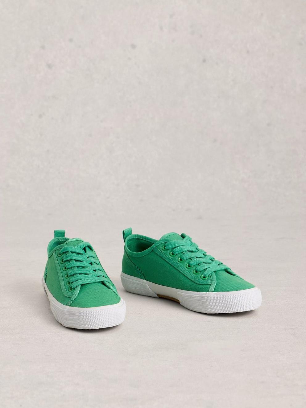 Pippa Lace Up Canvas Trainers in BRT GREEN - FLAT FRONT