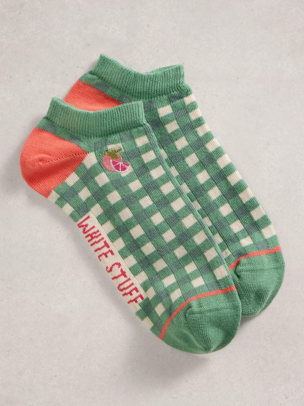 Gingham Fruit Trainer Sock in GREEN MLT - FLAT FRONT