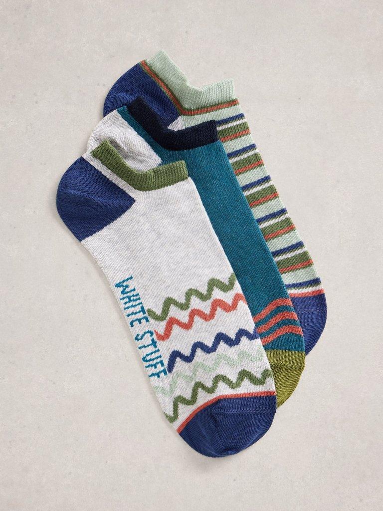 3PK Patterned Trainer Socks in TEAL MLT - FLAT FRONT