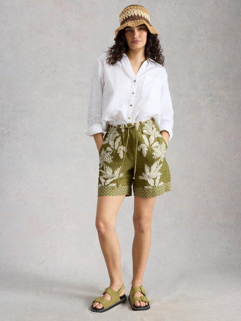 Belle Linen Tie Short in GREEN PR - MODEL FRONT