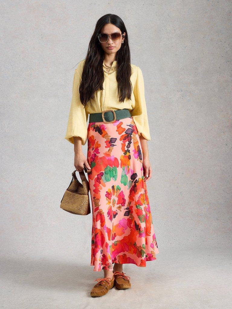 Hope Bias Cut Printed Maxi Skirt in PINK PR - MODEL FRONT
