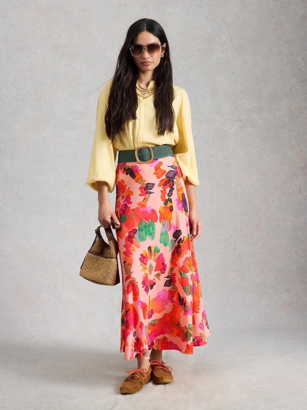 Hope Bias Cut Printed Maxi Skirt in PINK PR - MODEL FRONT