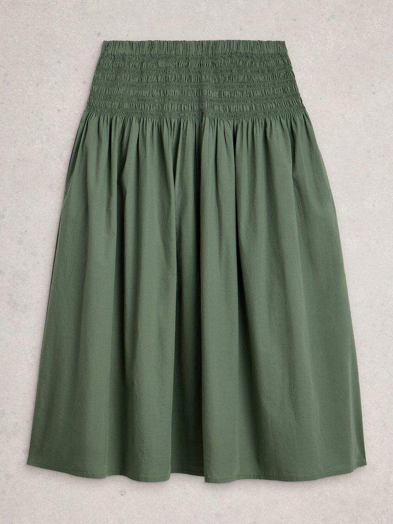 Suri Shirred Midi Skirt in MID GREEN - FLAT FRONT